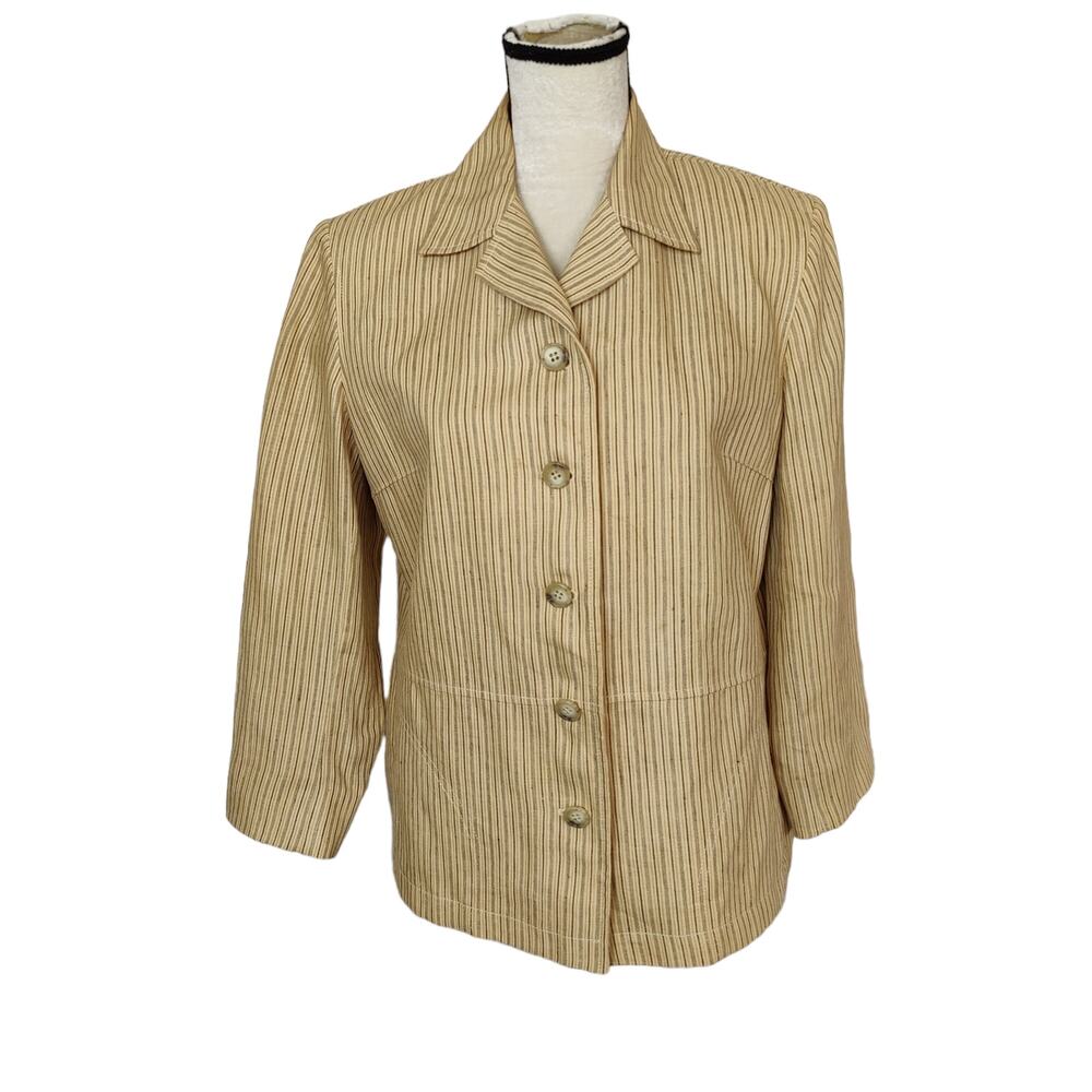 Emanuel Ungaro Liberte Sz 12 Petite Tan Stripe Linen Blazer Coastal Beachy